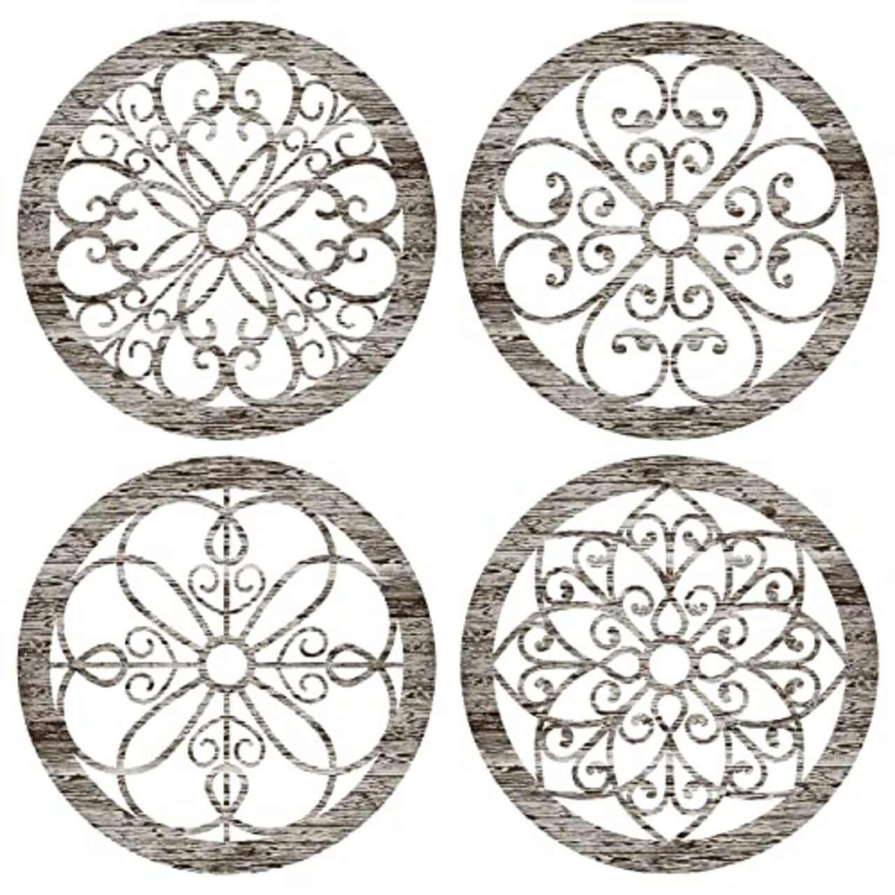 4 Pieces Thicken Rustic Wall Decor Farmhouse Wall Art Decor Wooden Hollow Carved Design Rustic Round Wall Art for Living Room Bedroom Hallway Decor Office Kitchen Wall (Retro White,10 x 10 Inch)